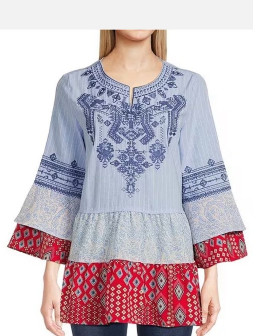 Calessa Boho Patchwork Embroidered Notch Neck Tiered Sleeve & Hem Tunic Top XL